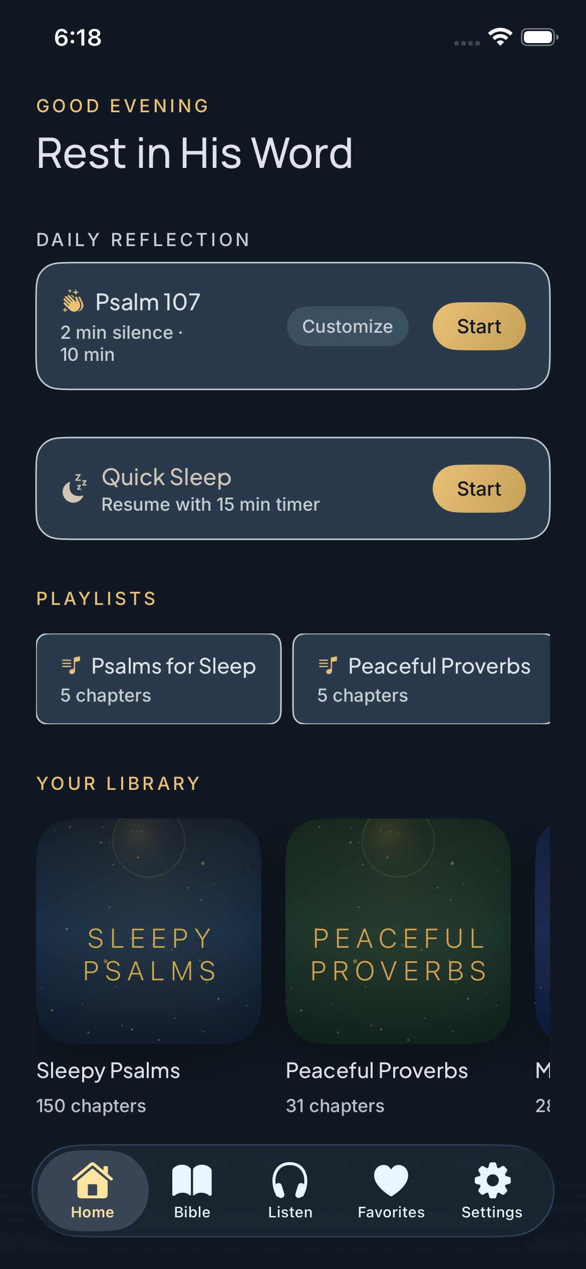 Sleepy Bible home screen with daily reflection, Quick Sleep and an audio library